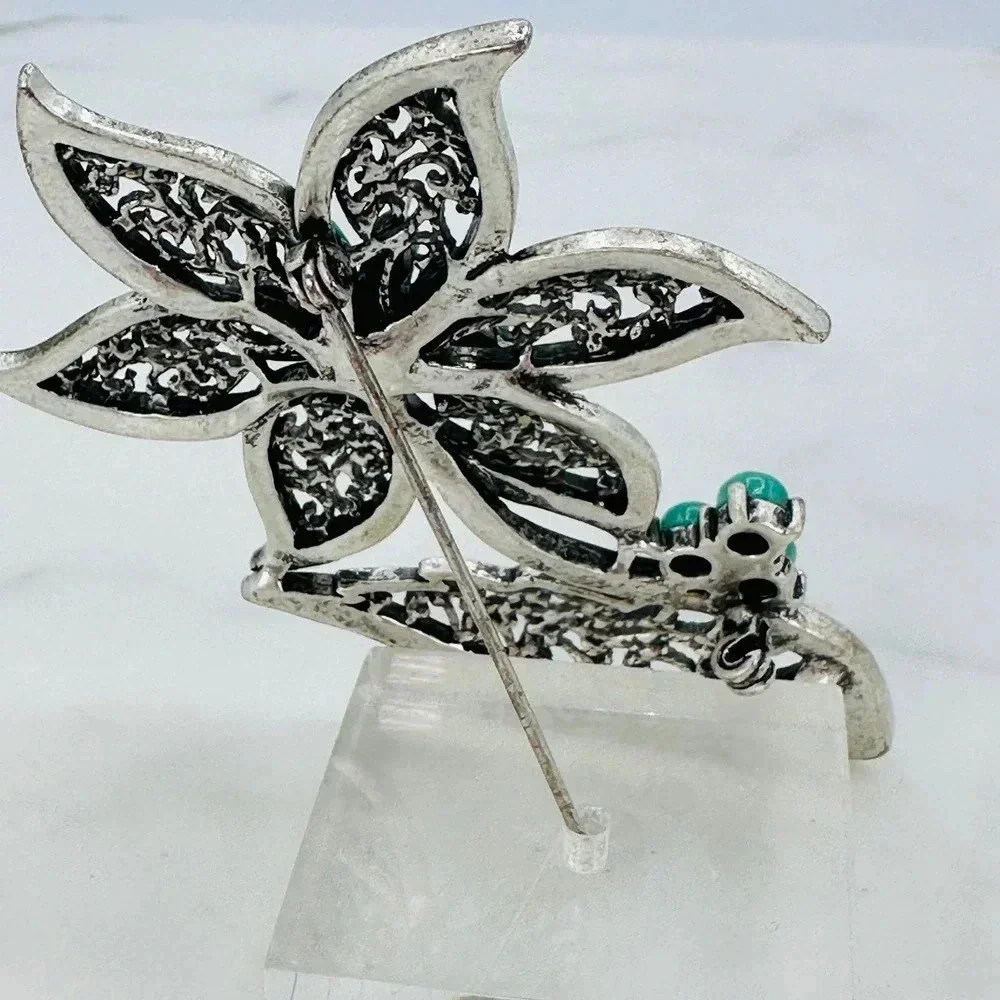 Big 3.25” Flower Brooch Pin Filigree Faux Turquoise Rhinestone Marcasite